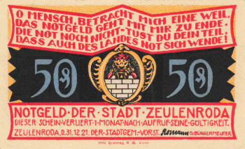 Zeulenroda, Thuringia, 1921 emergency money note