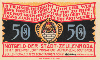 Zeulenroda Thüringen Notgeldschein 1921