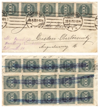 Numbers in a circle 1000 Mark Michel 273 multiple franking on letter o Hamburg August 28, 1923 to Oberloessnitz