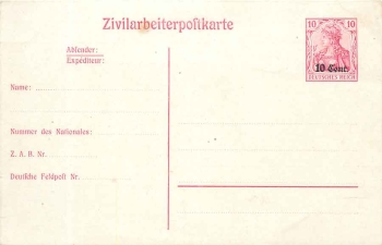 Stage area West civilian worker postcard postal stationery 10 cents. on 10 Pfennig Germania