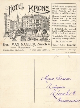 Zürich Hotel Krone Werbekarte  *ca. 1910