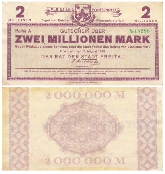 Zwei Millionen Mark Gutschein Stadt Freital 15. August 1923