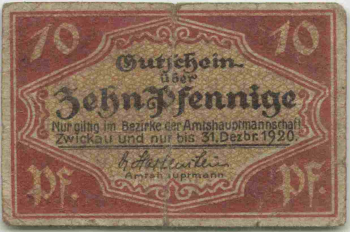 Zwickau Sachsen 10 Pfennig Notgeldschein 1920