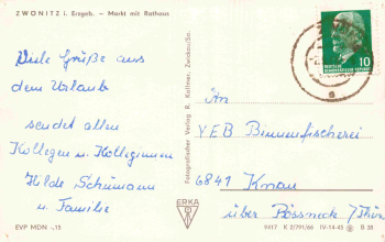 Zwönitz Erzgebirge Markt mit Rathaus o 1966