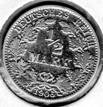 1/2 Mark 1906 G German Empire Silver Coin