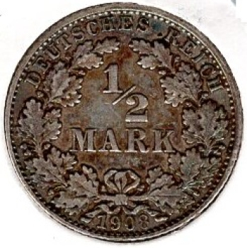 1/2 Mark 1908 D German Empire Silver Coin