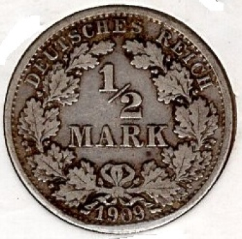 1/2 Mark 1909 F Deutsches Kaiserreich Silbermünze