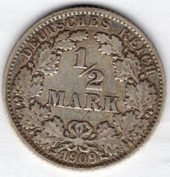 1/2 Mark 1909 J Deutsches Kaiserreich Silbermünze