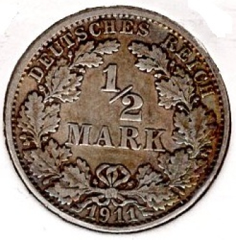 1/2 Mark 1911 F Deutsches Kaiserreich Silbermünze