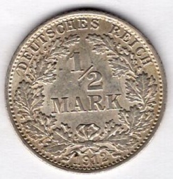 1/2 Mark 1912 A German Empire Silver Coin