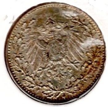 1/2 Mark 1912 J German Empire Silver Coin