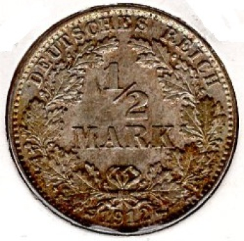 1/2 Mark 1912 J German Empire Silver Coin