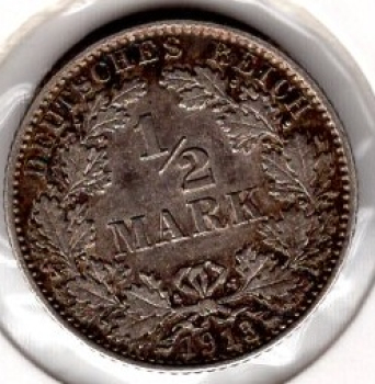 1/2 Mark 1913 D German Empire Silver Coin