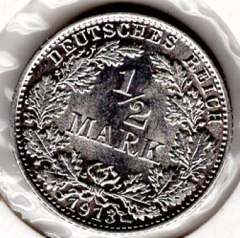 1/2 Mark 1913 E German Empire Silver Coin