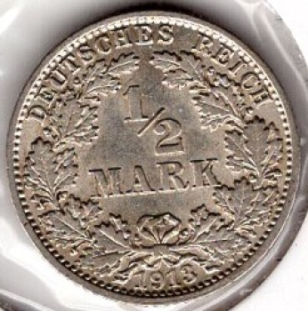 1/2 Mark 1913 J German Empire Silver Coin