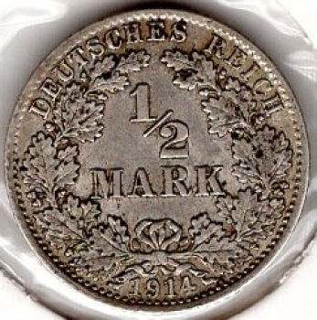 1/2 Mark 1914 D German Empire Silver Coin