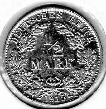1/2 Mark 1915 E German Empire Silver Coin