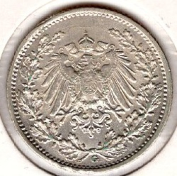 1/2 Mark 1916 G German Empire Silver Coin