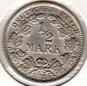 1/2 Mark 1916 G German Empire Silver Coin