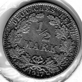 1/2 Mark 1917 J German Empire Silver Coin