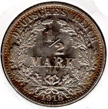 1/2 Mark 1918 E German Empire Silver Coin