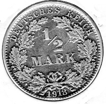 1/2 Mark 1918 J German Empire Silver Coin