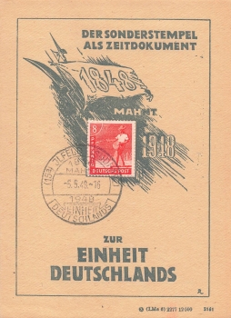 zur Einheit Deutschlands Anlasskarte 1948 Sonderstempel Ilfeld Südharz 18.3.1948  