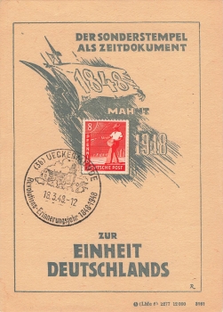 zur Einheit Deutschlands Anlasskarte 1948 Sonderstempel Ueckermünde 18.3.1948