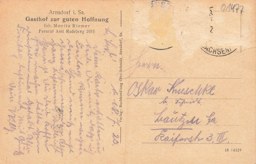 01477 Arnsdorf Sachsen Gasthof zur guten Hoffnung Maritz Riemer o 1923