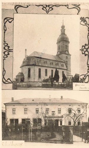 01594 Prausitz Hirschstein Kirche und Schule Echtfoto * um 1940