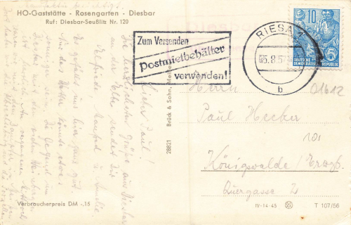 01612 Diesbar Landpoststempel Posthilfsstellenstempel o 5.8.1957 auf AK Elbebogen
