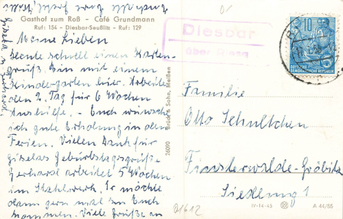 01612 Diesbar Gasthof zum Ross Nieschütz Landpoststempel o 1959