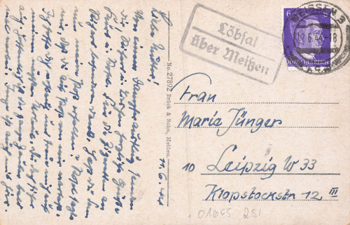 01665 Diesbar Elbe Landpoststempel Löbsal über Meißen o 1944 auf AK