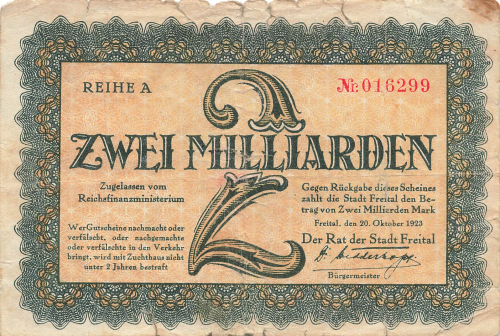01705 Freital Notgeld zwei Milliarden Mark 1923