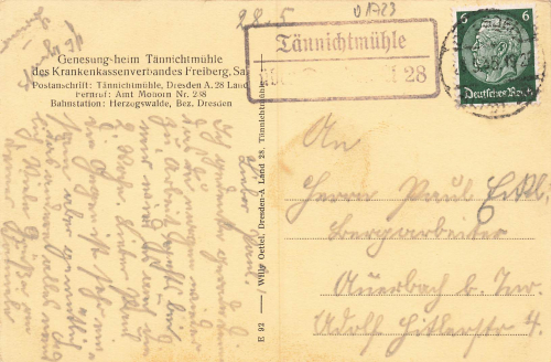 01723 Taennichtmuehle Wilsdruff Genesungsheim Landpoststempel o 1935