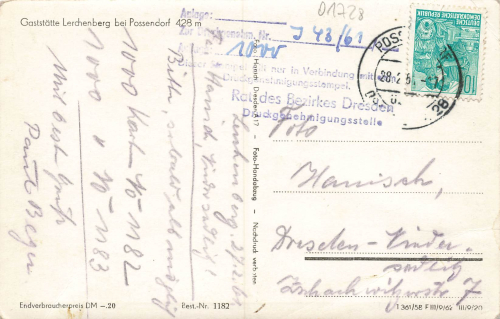 01728 Possendorf Gaststätte Lerchenberg Druckgenehmigung o 1961  Auflage 1000 Stück 1182 Hanich Verlag  