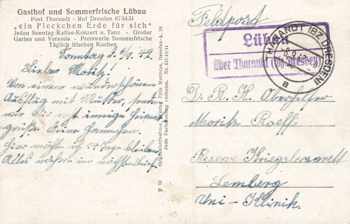 01734 Lübau Rabenau Gasthof Landpoststempel Lübau über Tharandt o 1942