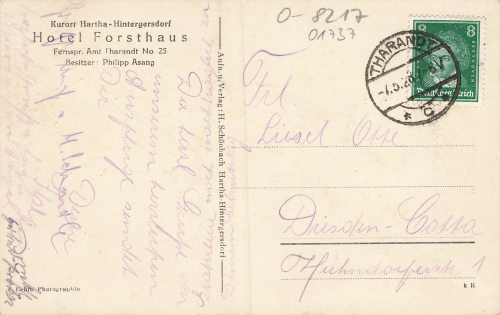01737 Hintergersdorf Kurort Hartha Tharandt Hotel Forsthaus o 1928
