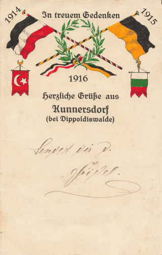 01768 Kunnersdorf Glashuette Patriotic postcard, World War I, used, 1916