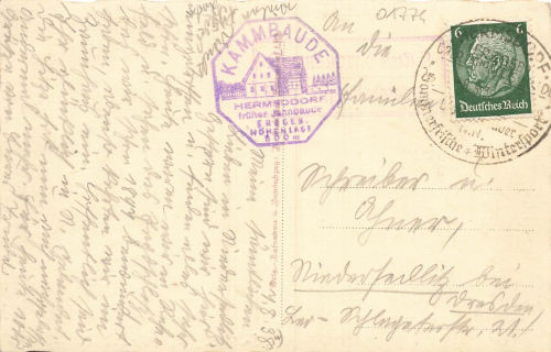 01776 Hermsdorf Erzgebirge Kammbaude am Bahnhof Landpoststempel o 1938