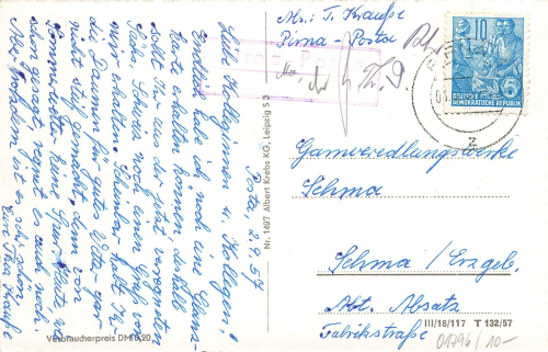 01796 Königstein Posthilfsstellenstempel Pirna-Posta o 2.9.1957