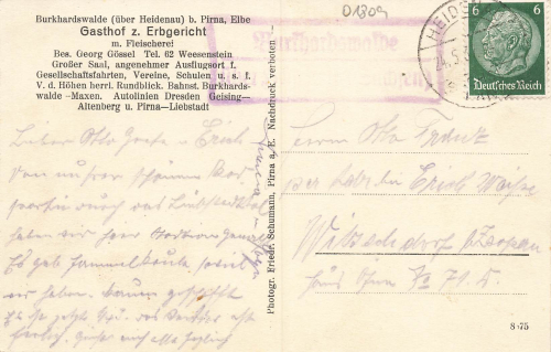 01809 Burkhardswalde Mueglitztal Gasthof Erbgericht Landpoststempel o 1937