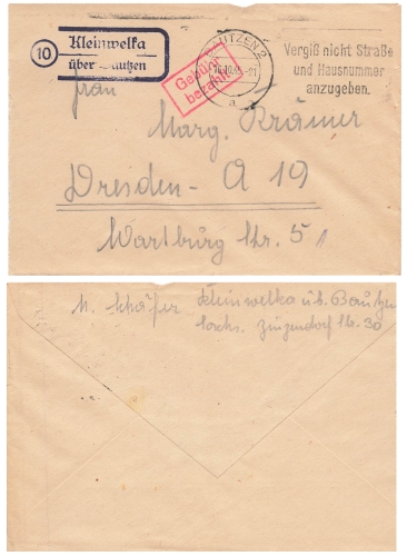 02625 Kleinwelka Country postmark and fee paid o Bautzen October 16, 1945