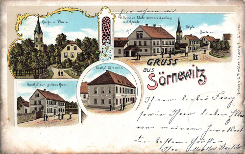 04758 Soernewitz Litho Gasthoefe Kirche Schule o 1906