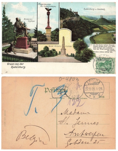 06628 Rudelsburg and Saaleck with tax stamp from Apolda on the back, August 27, 1908