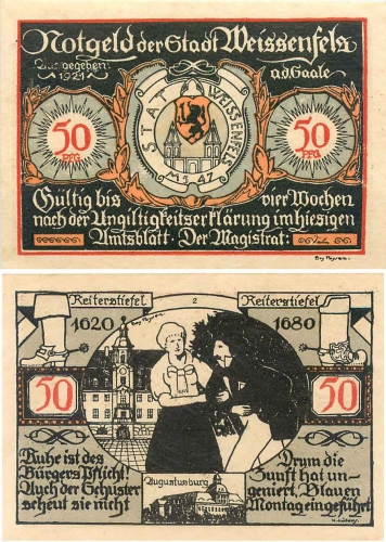 06667 Weissenfels Notgeld 50 Pfg Schuhe Soldatenstiefel 1921