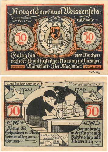 06667 Weissenfels Notgeld 50 Pfg Schuhe Soldatenstiefel 1921