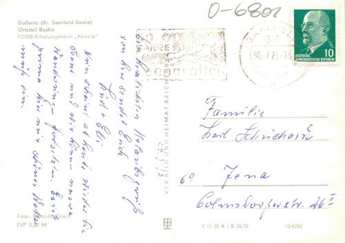 07333 Gosswitz Unterwellenborn OT Bucha FDGB Erholungsheim Aktivist o 1973