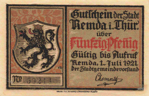 07407 Remda-Rudolstadt emergency money note, 50 Pfennig, 1921