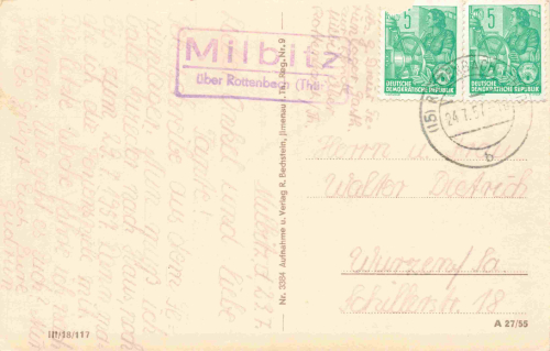 07426 Milpitz Totalansicht Landpoststempel über Rottenberg (Thüringen) o 1957